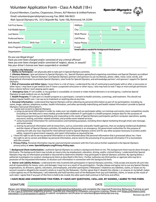 Special Olympics Volunteer Consent Form screenshot