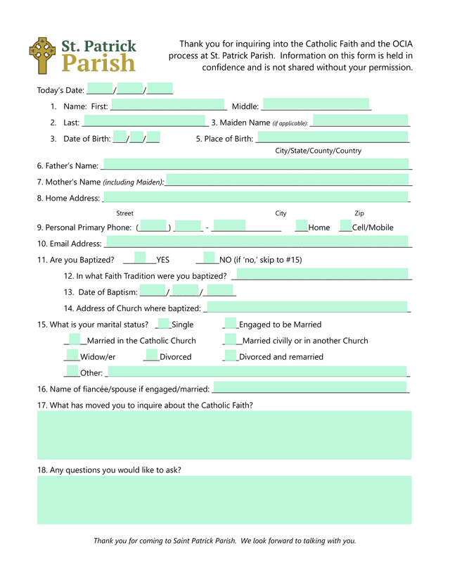 Saint Patrick Parish OCIA Inquiry Form screenshot