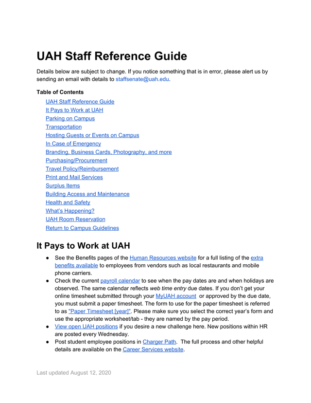 UAH Staff Reference Guide screenshot