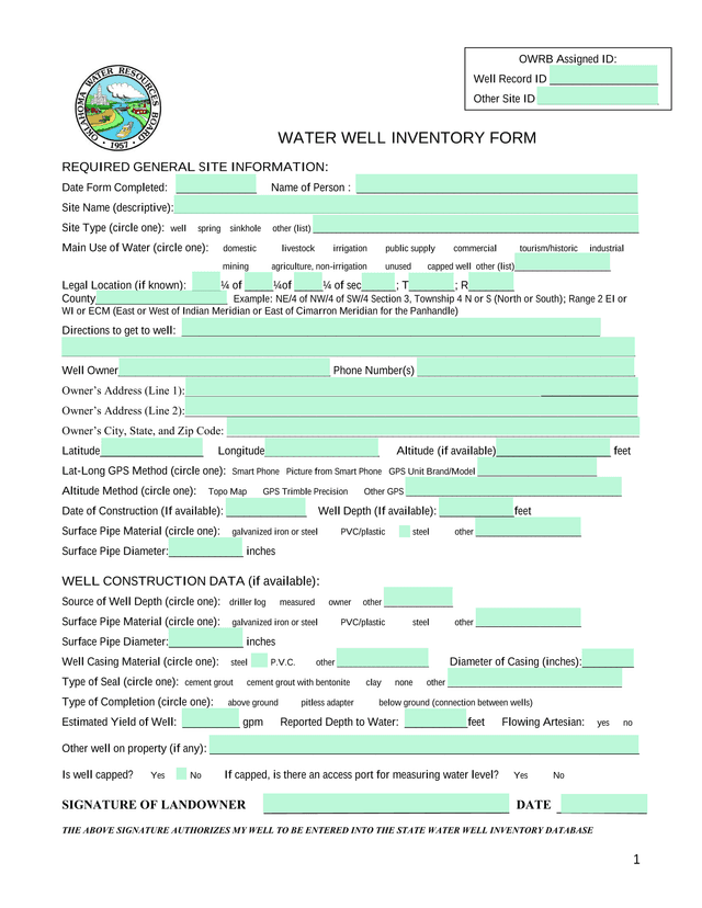 WATER WELL INVENTORY FORM screenshot