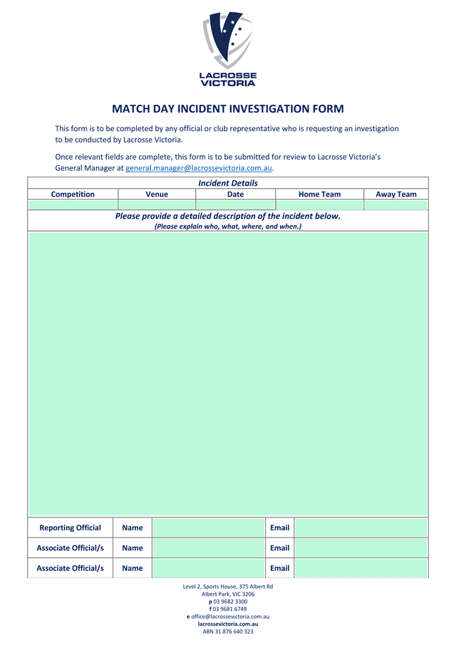 Match Day Incident Investigation Form screenshot