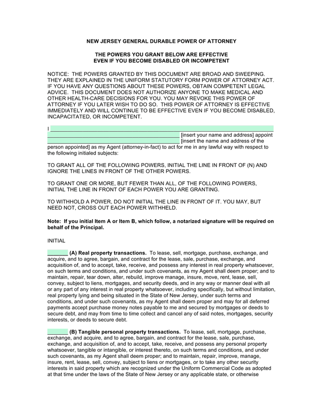 New Jersey General Durable Power Of Attorney screenshot
