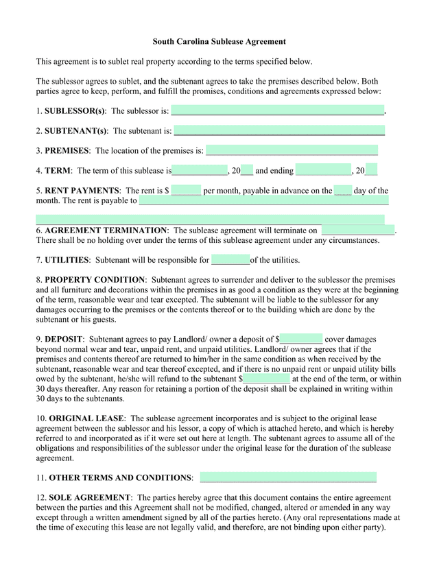 South Carolina Sublease Agreement screenshot