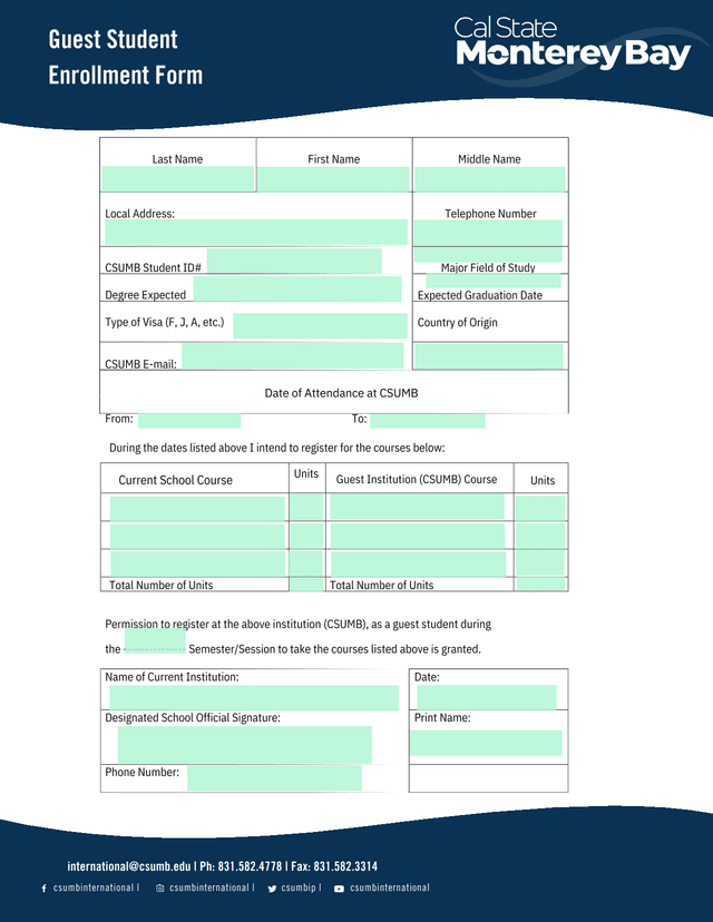 Guest Student Enrollment Form screenshot