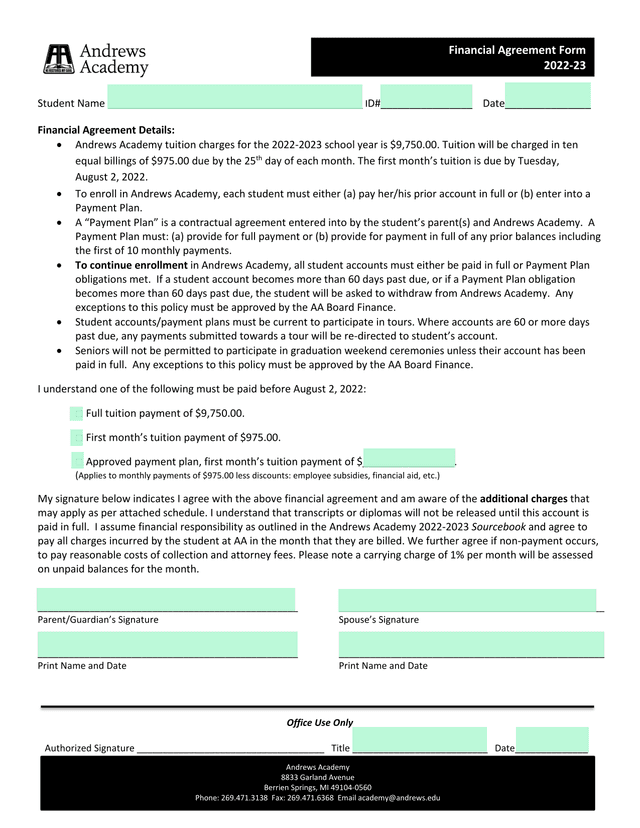 Financial Agreement Details   Andrews Academy screenshot