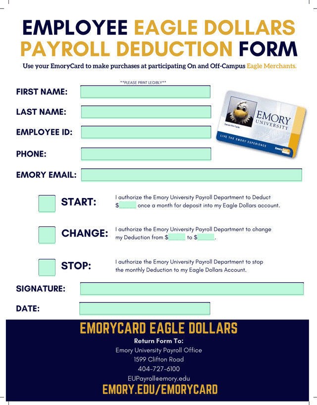 Emory Card Eagle Dollars Employee Payroll Deduction Form screenshot
