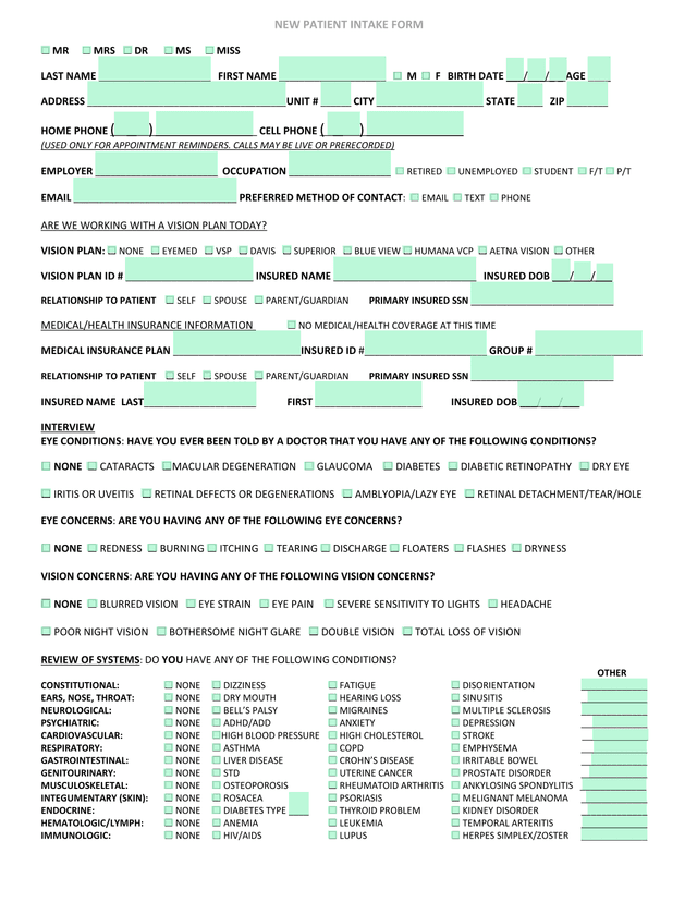 NEW PATIENT INTAKE FORM screenshot