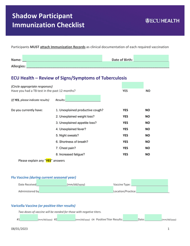 Shadow Participant Immunization Checklist screenshot
