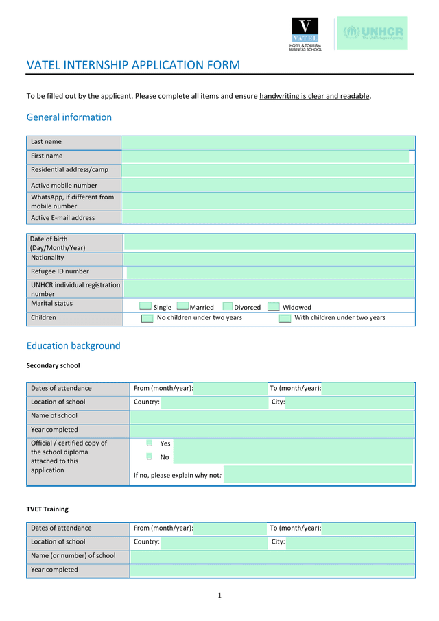 VATEL INTERNSHIP APPLICATION FORM screenshot