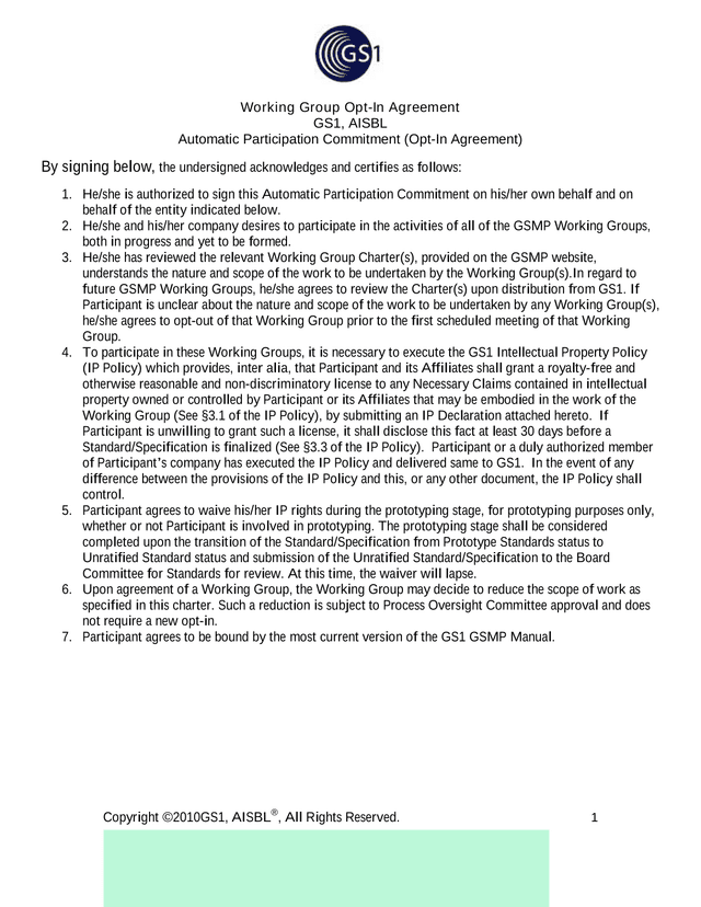 Working Group Opt In Agreement screenshot