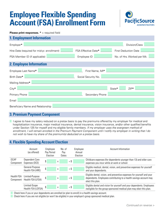 Employee Flexible Spending Account (FSA) Enrollment Form screenshot