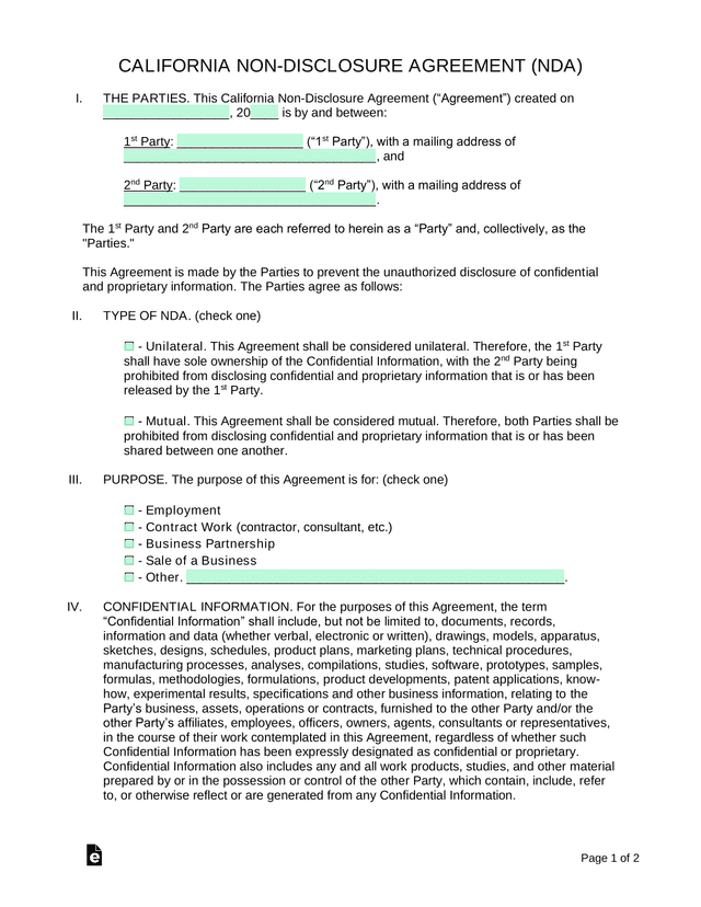 California Non Disclosure Agreement (NDA) screenshot