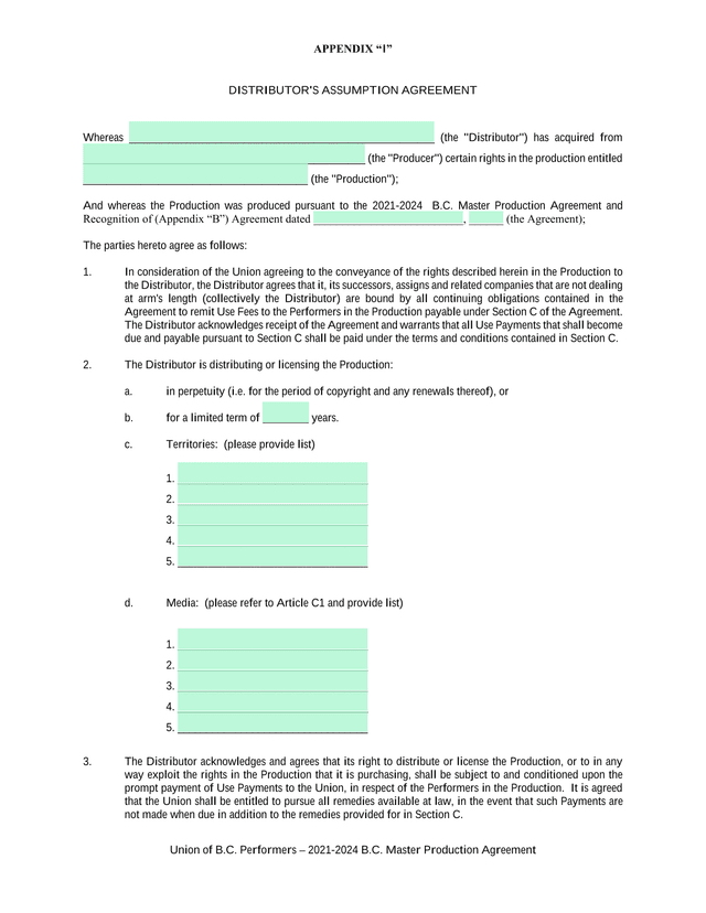 Union Of B.C. Performers  2021 2024 B.C. Master Production Agreement   DistributorS Assumption Agree screenshot