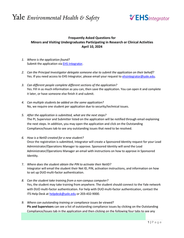 Frequently Asked Questions For Minors And Visiting Undergraduates Participating In Research Or Clini screenshot