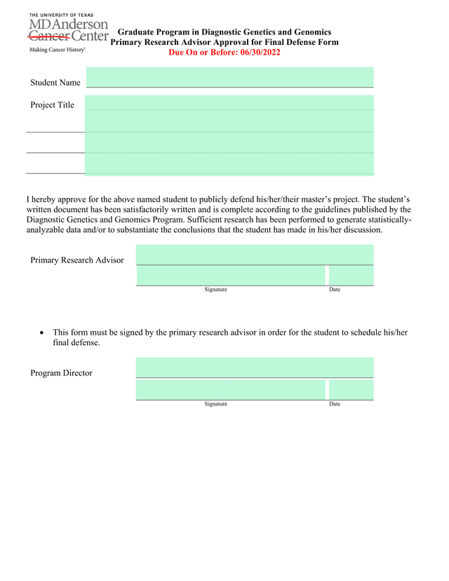 Primary Research Advisor Approval For Final Defense Form screenshot