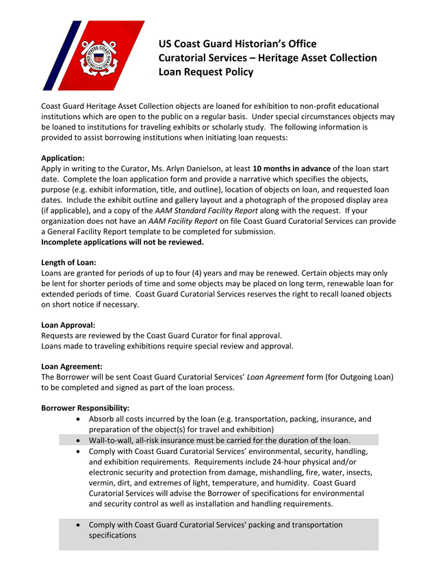 Coast Guard Heritage Asset Collection Loan Guidelines screenshot