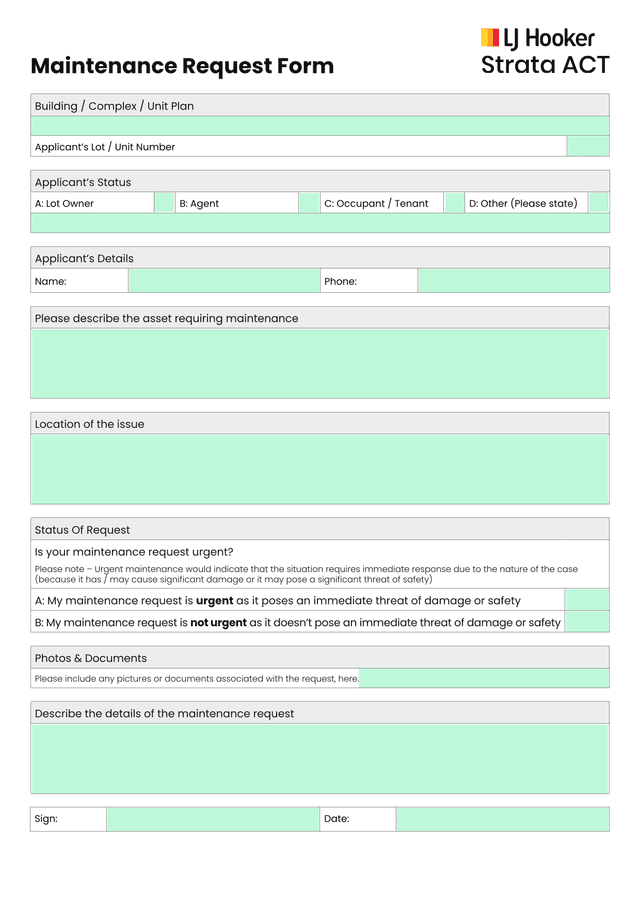 Maintenance Request Form screenshot