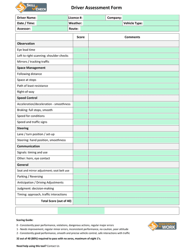 Driver Assessment Form screenshot
