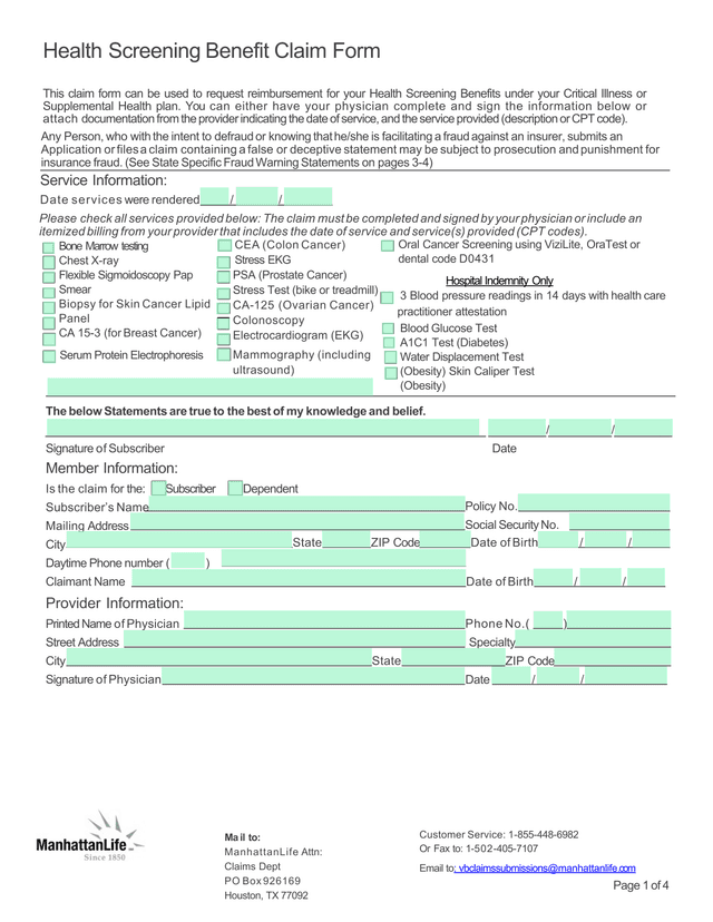 Health Screening Benefit Claim Form screenshot