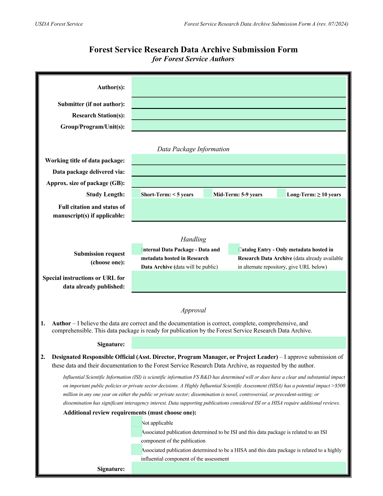 Forest Service Research Data Archive Submission Form A screenshot