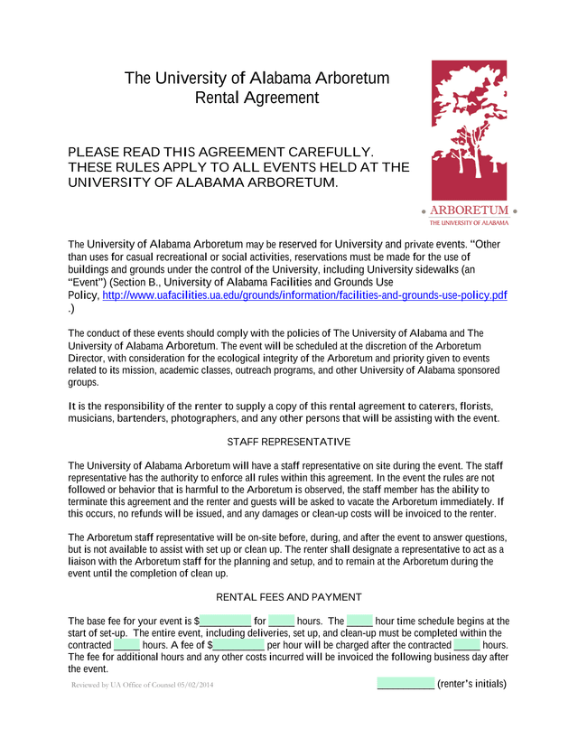 University Of Alabama Arboretum Rental Agreement screenshot