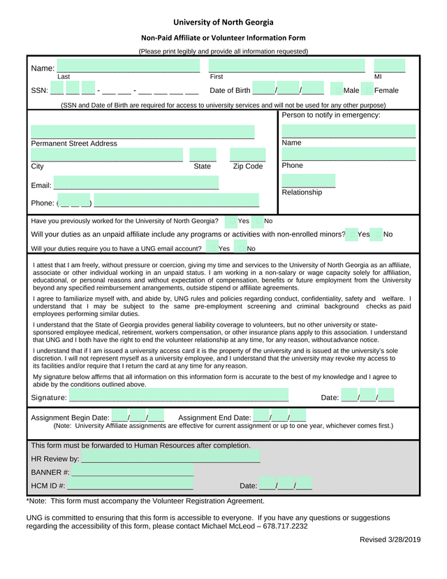 Non Paid Affiliate Or Volunteer Information Form screenshot
