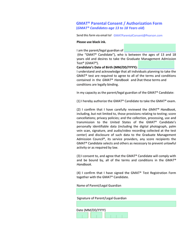 GMAT Parental Consent  Authorization Form screenshot