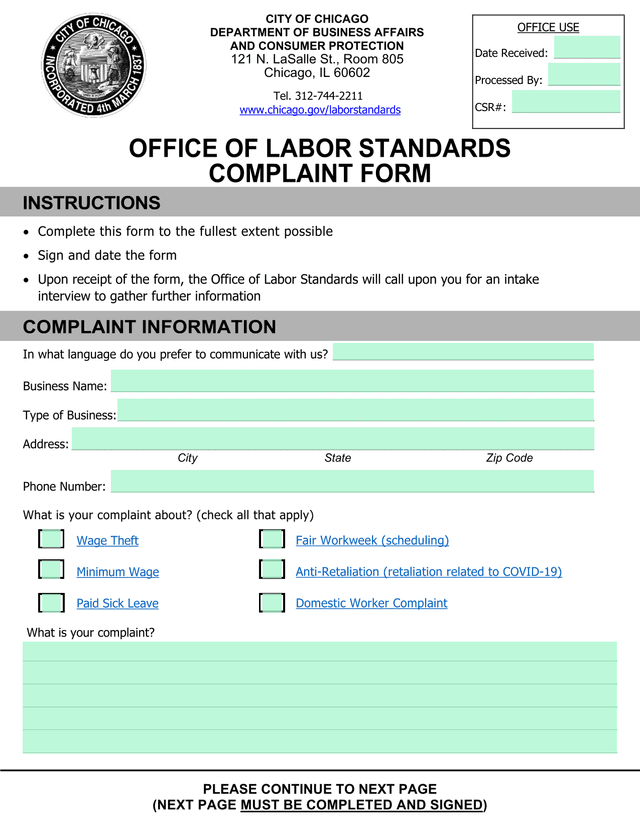 OFFICE OF LABOR STANDARDS COMPLAINT FORM screenshot