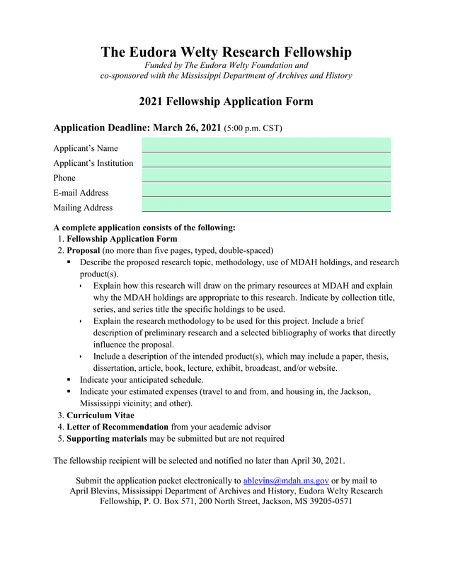 The Eudora Welty Research Fellowship 2021 Fellowship Application Form screenshot
