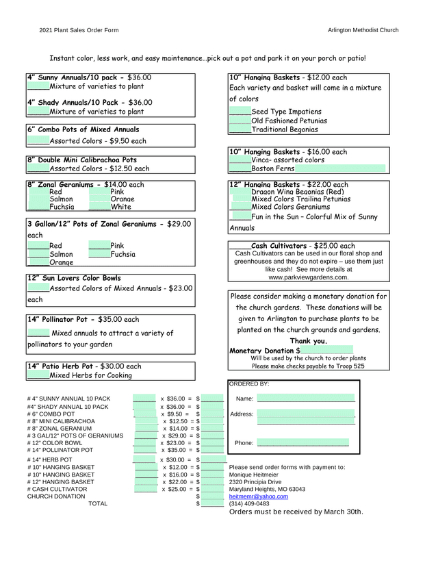 2021 Plant Sales Order Form screenshot