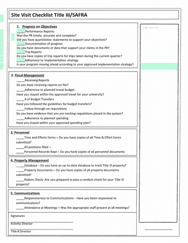 Site Visit Checklist Title 111SAFRA screenshot