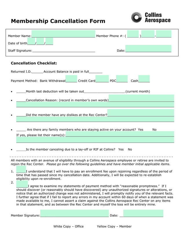 Membership Cancellation Form screenshot