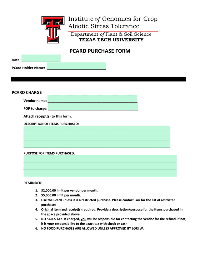PCARD PURCHASE FORM screenshot