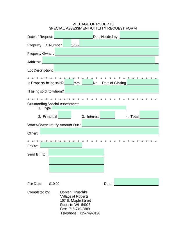 Village Of Roberts Special AssessmentUtility Request Form screenshot
