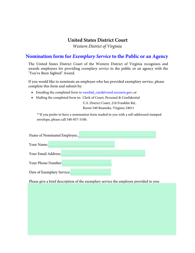 Nomination Form For Exemplary Service To The Public Or An Agency screenshot