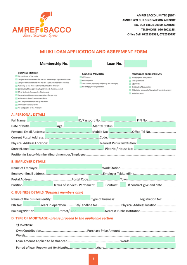 MILIKI LOAN APPLICATION AND AGREEMENT FORM screenshot