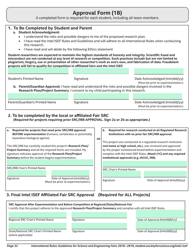 Intel ISEF Approval Form (1B) screenshot