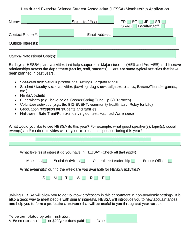 Health And Exercise Science Student Association (HESSA) Membership Application screenshot