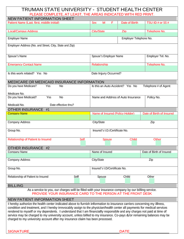 NEW PATIENT INFORMATION SHEET screenshot