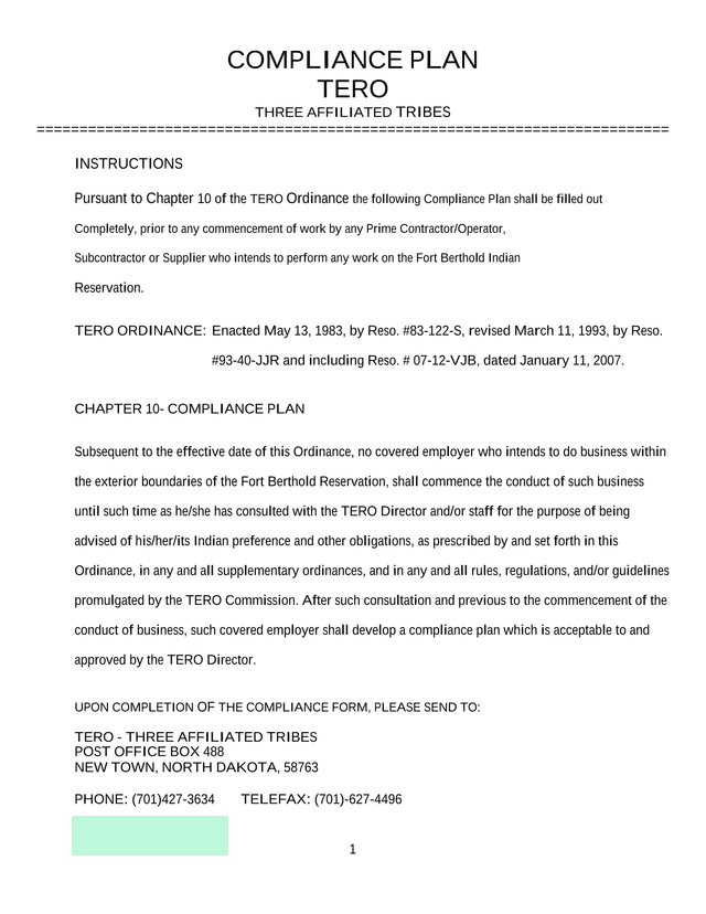 COMPLIANCE PLAN TERO THREE AFFILIATED TRIBES screenshot