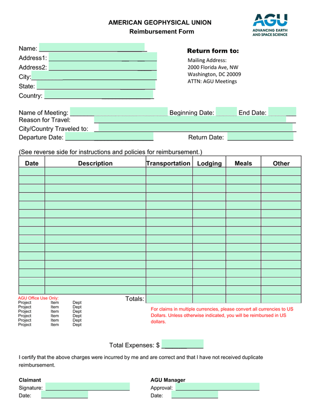 AGU Reimbursement Form screenshot