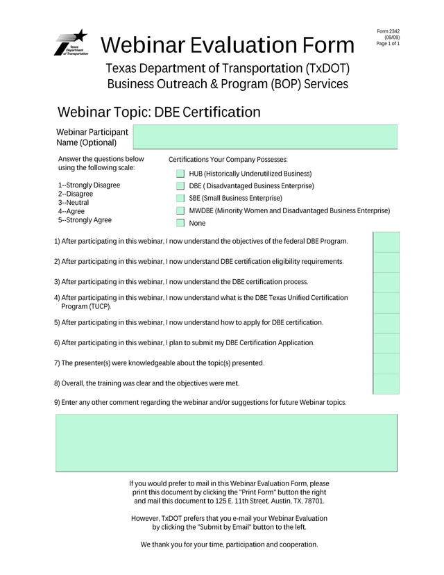 Webinar Evaluation Form screenshot