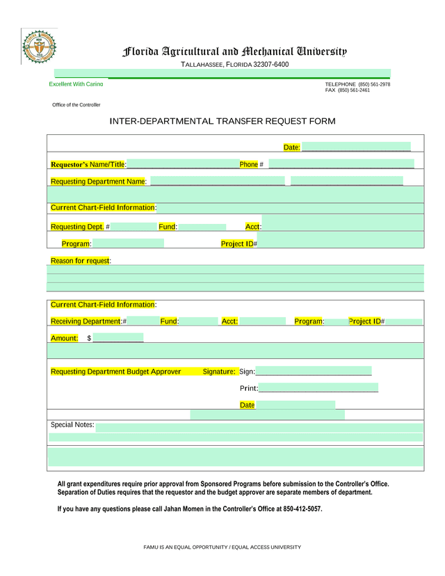 Inter Departmental Transfer Request Form screenshot