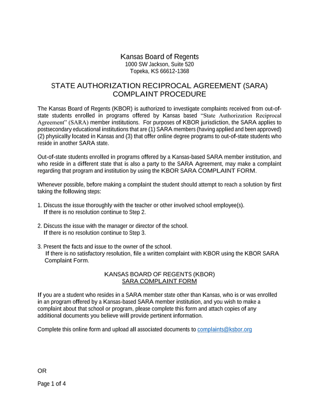State Authorization Reciprocal Agreement (SARA) Complaint Procedure screenshot