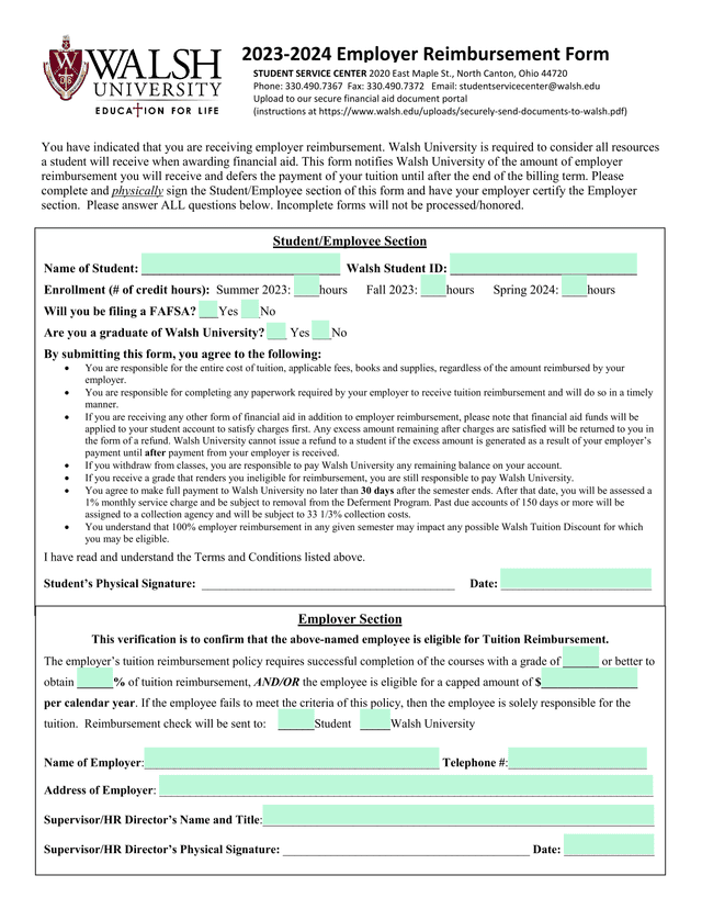 2023 2024 Employer Reimbursement Form screenshot