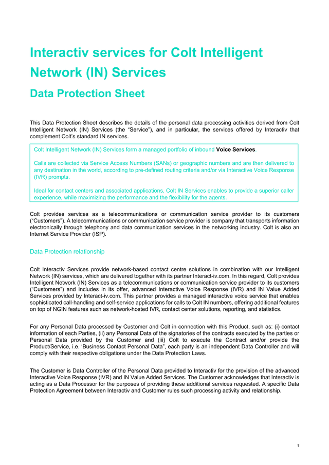 Interactiv Services For Colt Intelligent Network (IN) Services Data Protection Sheet screenshot