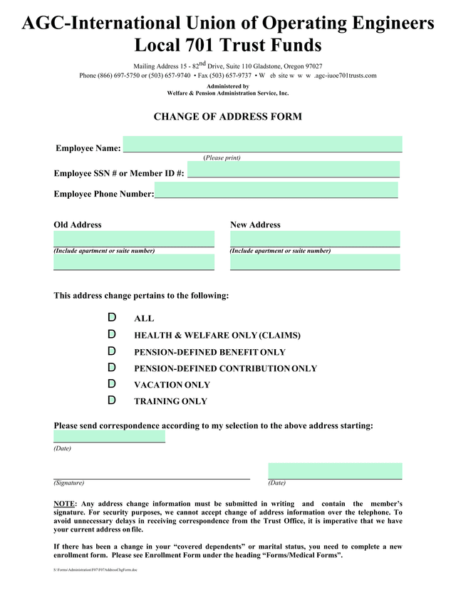 Change Of Address Form screenshot