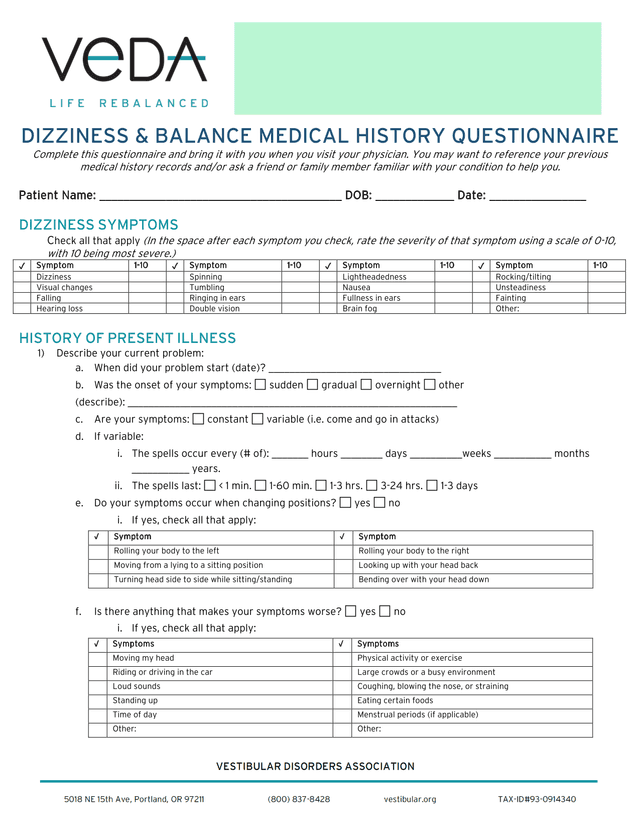 DIZZINESS  BALANCE MEDICAL HISTORY QUESTIONNAIRE screenshot