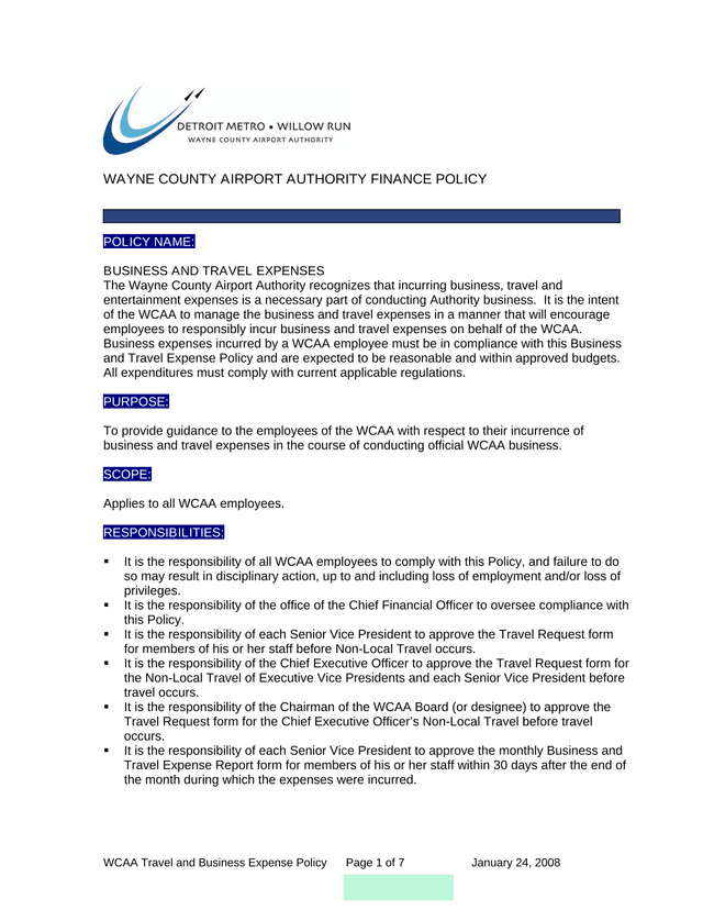 WCAA Travel And Business Expense Policy screenshot