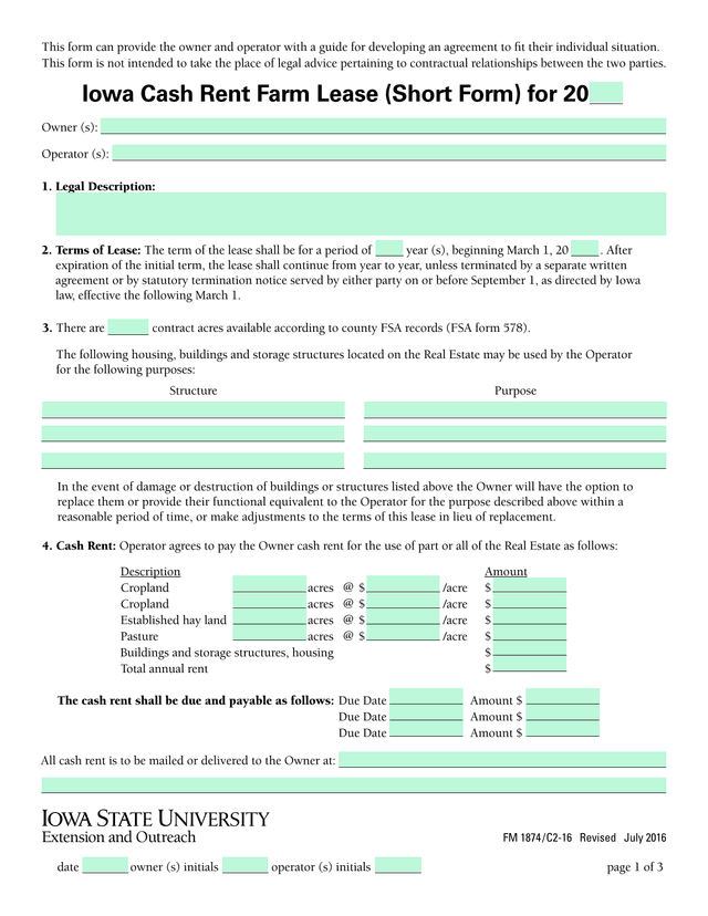 Iowa Cash Rent Farm Lease (Short Form) screenshot